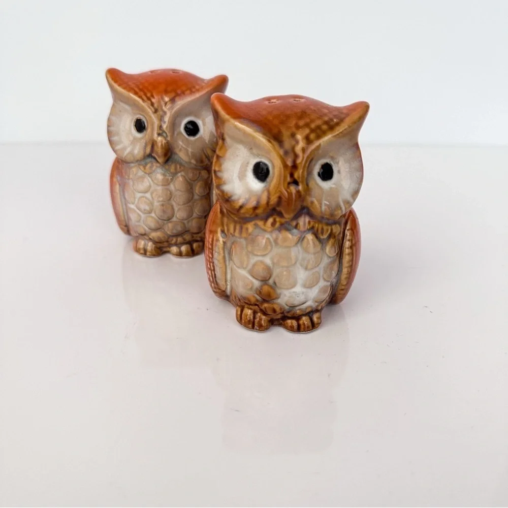 Vintage Owl Salt & Pepper Shakers Ceramic Brown Mid-Century Japan Set